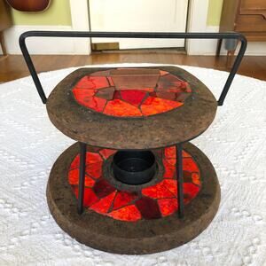 VTG 1960s Jon Matin Signed  Mosaic Cork Iron Candle Warmer Trivet Stand MCM Rare